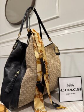 Coach Madison Signature Canvas Leather Black Tan Shoulder Bag
